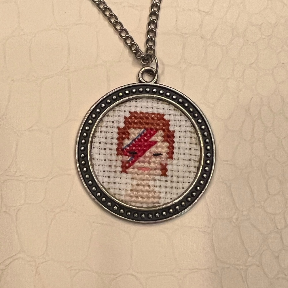 David Bowie Starman Ziggy Stardust Hand Embroidered Pendant Necklace